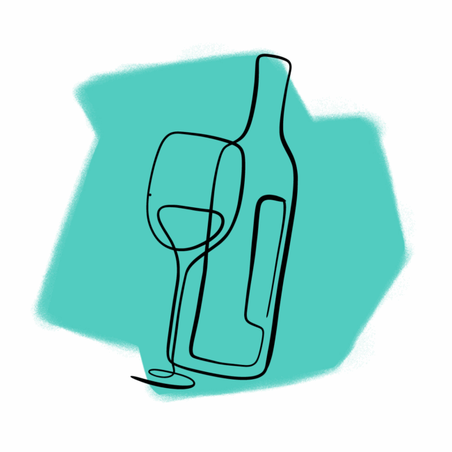 Eine minimalistische Linienzeichnung einer Weinflasche und eines Glases, schwarz umrandet, vor einem türkisfarbenen abstrakten Hintergrund - perfekt für alle, die sich von der subtilen Kunst der Traumdeutung angezogen fühlen.