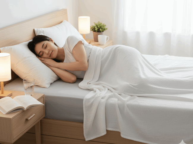 Eine Frau schläft friedlich auf einem ordentlich gemachten Bett mit weißer Bettwäsche und einer weichen Sommerdecke in einem hellen, gemütlichen Schlafzimmer. Auf einem Nachttisch stehen ein Glas Wasser, ein aufgeschlagenes Buch und eine kleine Pflanze, während warmes Lampenlicht eine ruhige Atmosphäre schafft.