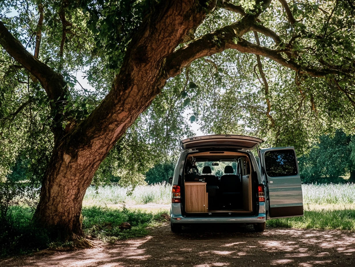 Ein blauer VW Caddy Campingbus mit geöffneten Heck- und Seitentüren ist unter einem großen, belaubten Baum auf einer sonnenbeschienenen Wiese geparkt und bildet eine friedliche Umgebung, die sich perfekt zum Schlafen im VW Caddy eignet.