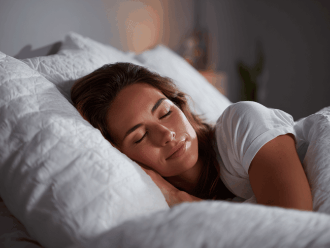 Eine Frau mit braunem Haar schläft friedlich auf der Seite in einem weißen Bett, den Kopf auf ein Kissen gestützt und mit einer weißen Bettdecke zugedeckt, und genießt den Komfort des Schrägschlafs. Der Raum ist sanft und schummrig beleuchtet.