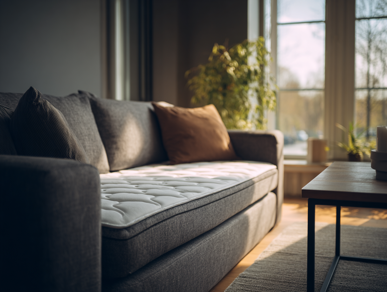 Ein gemütliches Wohnzimmer mit einem grauen Schlafsofa mit braunen und gestreiften Kissen, Sonnenlicht, das durch große Fenster fällt, einer grünen Pflanze in der Ecke und einem hölzernen Couchtisch auf einem beigen Teppich.