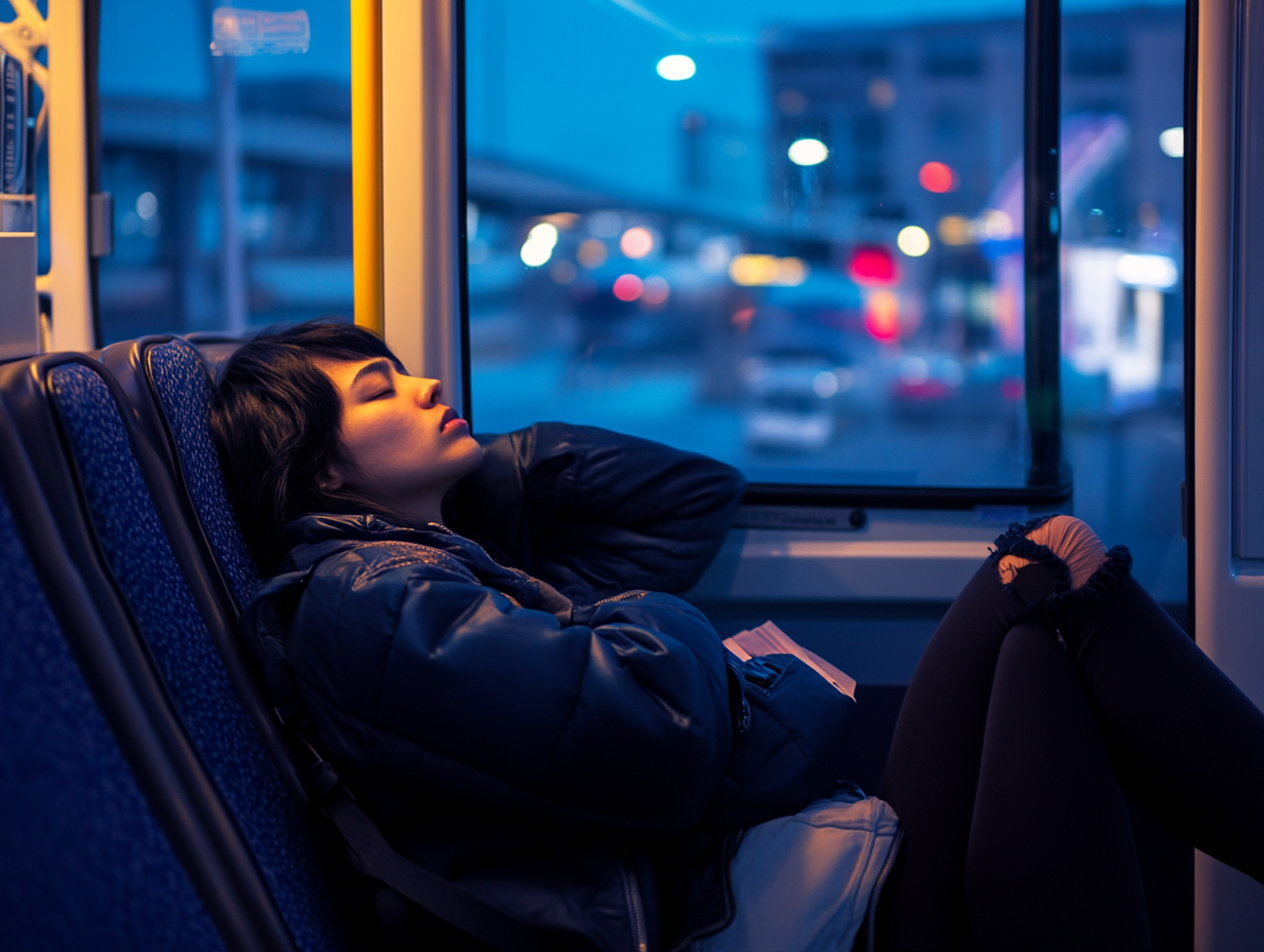 Eine junge Frau mit dunklem Haar praktiziert Inemuri, sie schlĂ€ft auf einem Fensterplatz in einem Bus in der AbenddĂ€mmerung, sie trĂ€gt eine bauschige Jacke und zerrissene Jeans. Die Lichter der Stadt und die GebĂ€ude auĂerhalb des Fensters verschwimmen und schaffen eine ruhige, vertrĂ€umte AtmosphĂ€re.