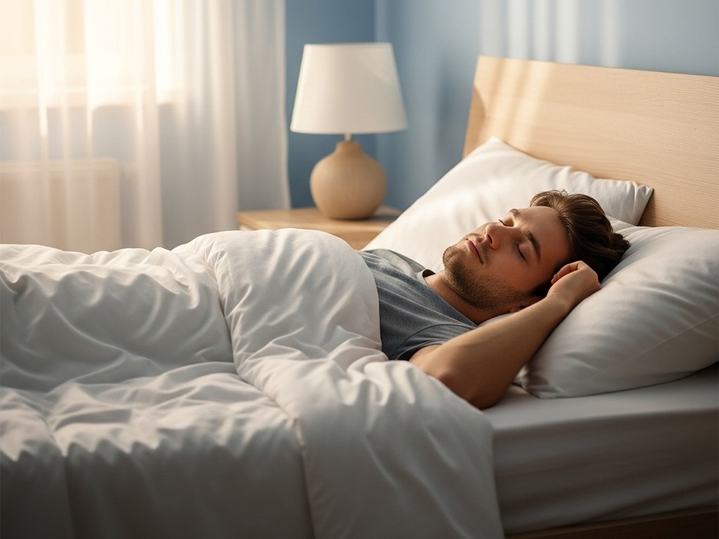 Ein Mann mit braunem Haar schläft friedlich auf einer Matratze für Rückenschläfer in einem ordentlich gemachten Bett mit weißen Laken in einem sanft beleuchteten Schlafzimmer. Ein hölzerner Nachttisch mit einer Lampe steht neben ihm, während das Licht durch die durchsichtigen Vorhänge am Fenster fällt.