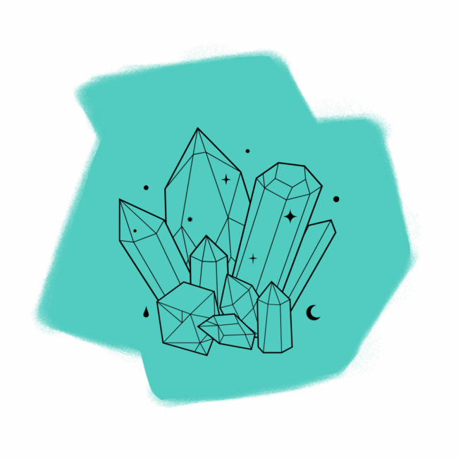 Eine Ansammlung geometrischer Kristallformen, die an Edelstein erinnern, ist in Schwarz vor einem türkisfarbenen abstrakten Hintergrund umrissen. Kleine Sterne, Punkte und eine Mondsichel schmücken dieses verträumte, von der Traumdeutung inspirierte Design.