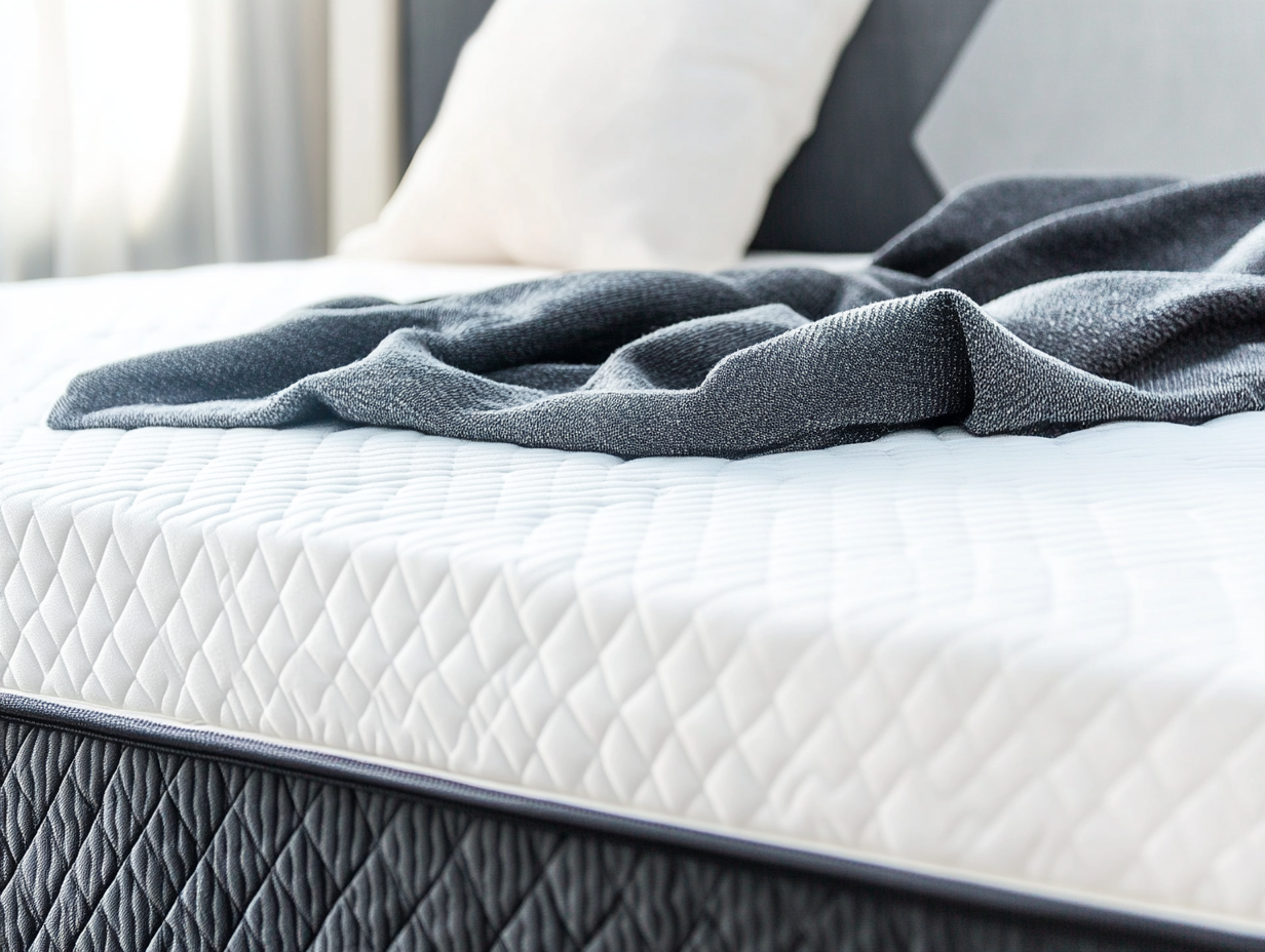 Ein ordentlich gemachtes Bett mit einer weißen, gesteppten Matratze, einer dunkelgrauen, strukturierten Decke, die teilweise darüber ausgebreitet ist, und einem weißen Kissen im Hintergrund. Sanftes natürliches Licht erhellt die Szene - perfekt für "Die Matratze auslüften".