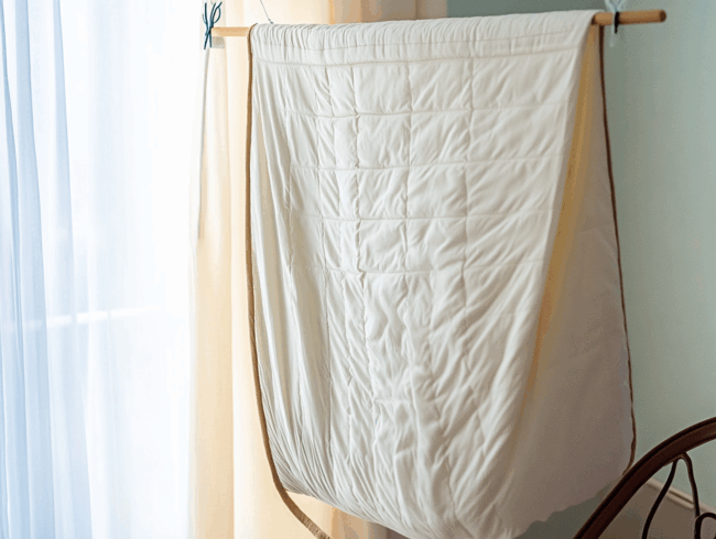 Ein beigefarbener Matratzenbezug hängt über einer Holzstange in der Nähe eines Fensters mit durchsichtigen weißen Vorhängen zum Trocknen
