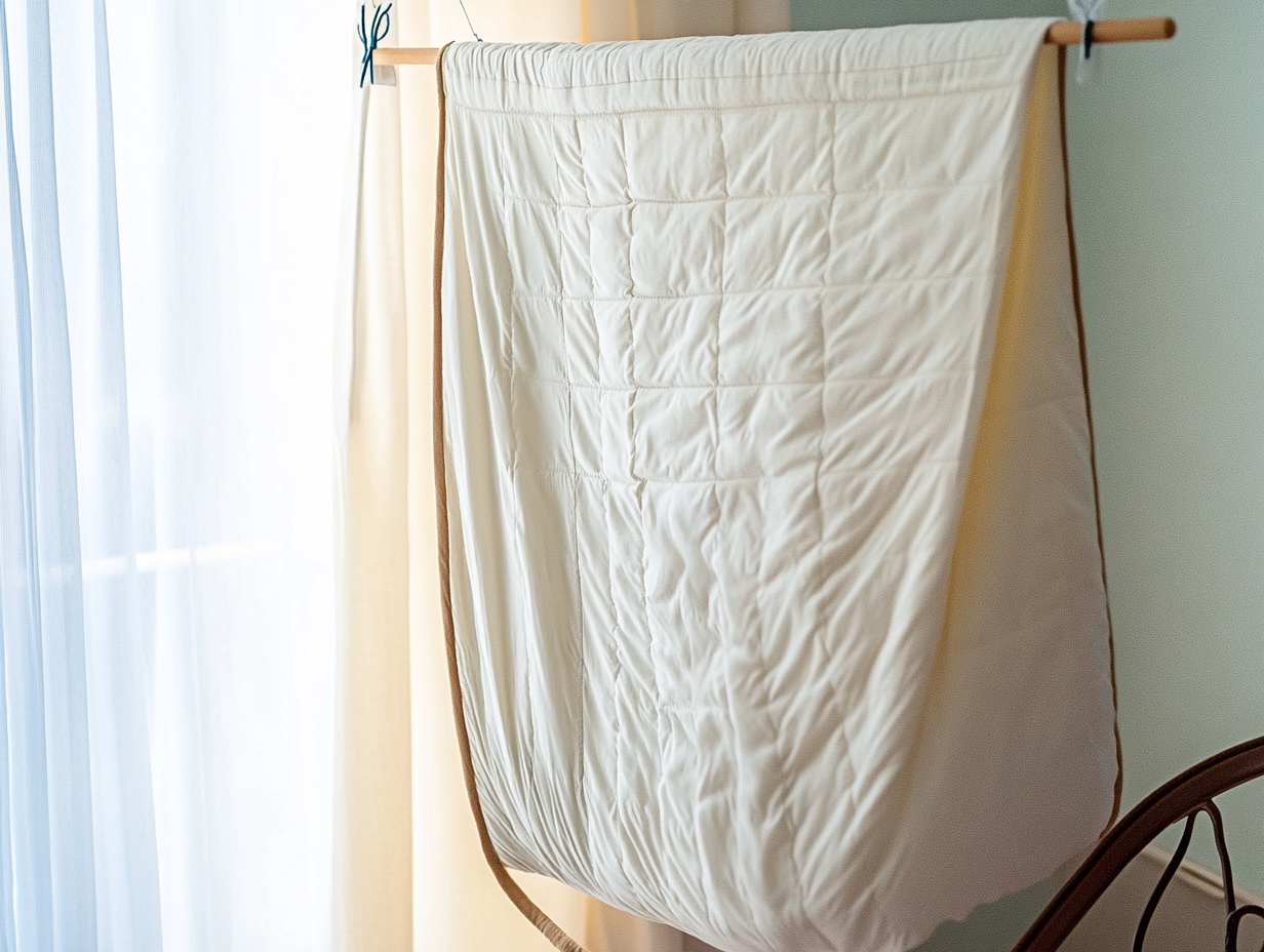 Ein beigefarbener Matratzenbezug hängt über einer Holzstange in der Nähe eines Fensters mit durchsichtigen weißen Vorhängen zum Trocknen