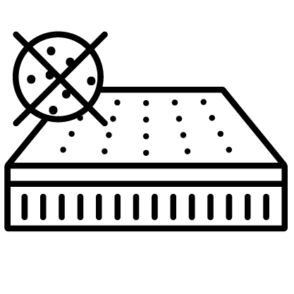 Strichzeichnung einer Matratze mit kleinen Punkten auf der Oberfläche und einem durchgestrichenen Keimsymbol, das anzeigt, dass die Matratze antimikrobiell oder keimresistent ist.