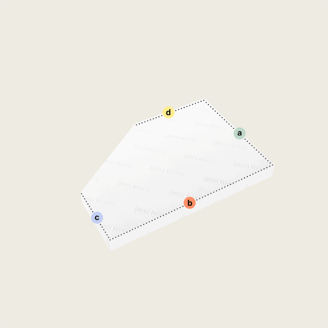 Eine weiße, abgeschrägte Matratze nach Maß mit einem Eckabschnitt (Variante 1) zeigt gepunktete Umrisse und farbige Kreise - grün (a), orange (b), blau (c), gelb (d) - an jedem Eckabschnitt, alles auf einem hellbeigen Hintergrund.