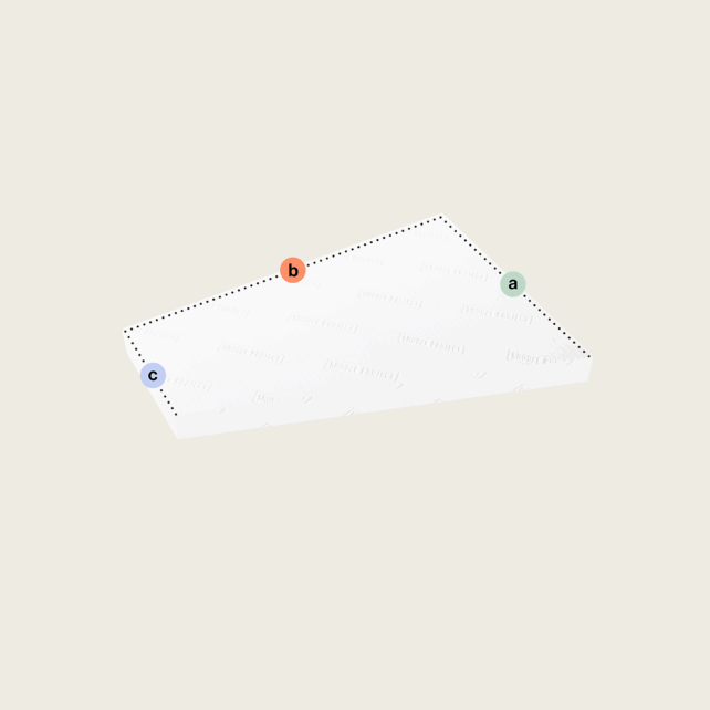 Ein weißer rechteckiger Schaumstoffblock, Matratze nach Maß mit einer Schräge (Variante 3), hat drei Ecken a (grün), b (orange) und c (blau), die auf einem hellbeigen Hintergrund markiert sind. Gepunktete Linien zwischen diesen Punkten markieren das passgenaue Design.