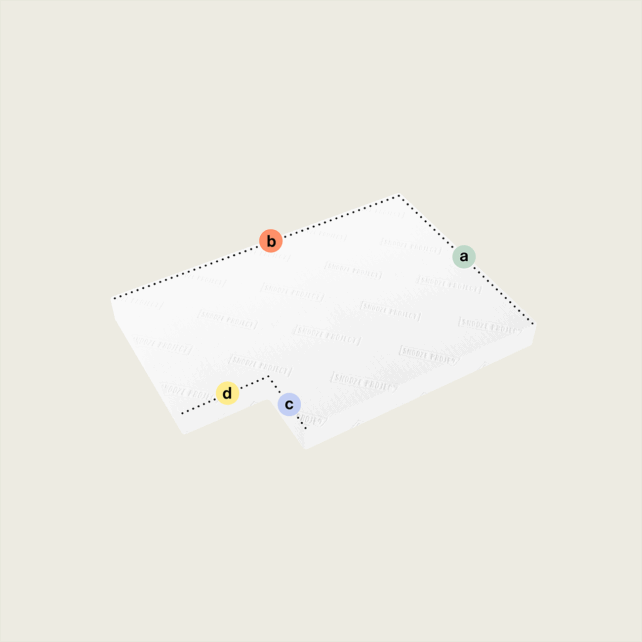 Eine weiße rechteckige Matratze nach Maß mit einem Eckausschnitt (Variante 2) hat einen Ausschnitt unten links. Die Ecken sind mit grünen (a), roten (b), blauen (c) und gelben (d) Punkten markiert, und die oberen Kanten sind mit gepunkteten Linien umrandet.