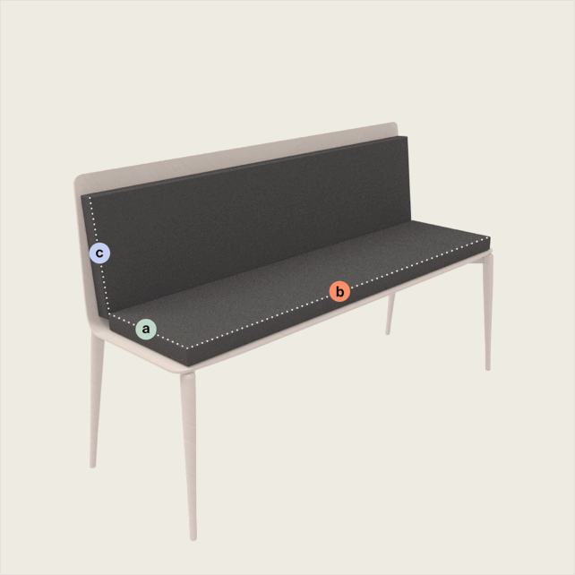 Eine minimalistische Bank mit hellen Holzbeinen und einer dunkelgrauen Sitzfläche und Rückenlehne. Gestrichelte Linien umreißen die Abschnitte mit den Bezeichnungen a (Sitzecke), b (Sitzlänge) und c (Rückenlehnenhöhe).