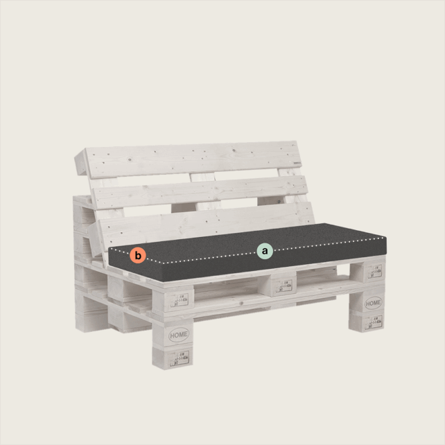 Eine Bank aus Holzpaletten mit einem grauen Sitzkissen. Das Kissen ist mit zwei Abschnitten beschriftet: a auf der rechten Seite und b auf der linken Seite, getrennt durch eine gestrichelte Linie.
