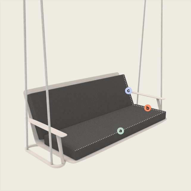 Eine graue gepolsterte Veranda-Schaukel mit weißem Gestell und Seilen, beschriftet mit Buchstaben: a auf dem Sitz, b auf der rechten Armlehne und c oben rechts auf der Rückenlehne.