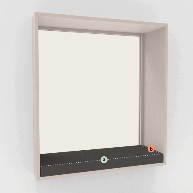 Ein Holzkistenrahmen mit offener Vorderseite zeigt einen schwarzen Boden. Die Punkte a und b sind auf der Grundfläche mit einer gepunkteten Verbindungslinie markiert; a liegt in der Mitte, b in der Nähe des rechten Rands.