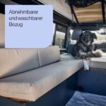 Ein Hund liegt auf einer beigen gepolsterten Bank in einem Wohnmobil. Sonnenlicht strömt durch die Fenster. Der Text auf einem blauen Quadrat lautet: "Abnehmbarer und waschbarer Bezug".