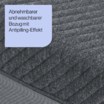 Nahaufnahme eines dunkelgrauen, strukturierten Bezugs mit Reißverschluss. Im blauen Kasten steht: Abnehmbarer und waschbarer Bezug mit Antipilling-Effekt - ideal für das Arlo Viscoschaum Höhenverstellbares Outdoor-Kissen.