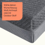 Nahaufnahme einer Matratze mit einem grauen Bezug; oben links steht in einem orangefarbenen Kasten: "Wähle deinen Wunschbezug: Weiß, Anthrazit oder mit Outdoor-Stoff".