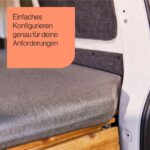 Eine Nahaufnahme einer grauen Matratze oder eines Kissens in einem Wohnmobil mit einem Holzlager darunter. Der Text auf Deutsch lautet: Einfaches Konfigurieren genau für deine Anforderungen.
