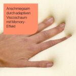 Eine Hand drückt in den weichen, hellen Memory-Schaum und hinterlässt sichtbare Abdrücke. In einem orangefarbenen Textfeld in der Ecke steht: Anschmiegsam durch adaptiven Viscoschaum mit Memory-Effekt.