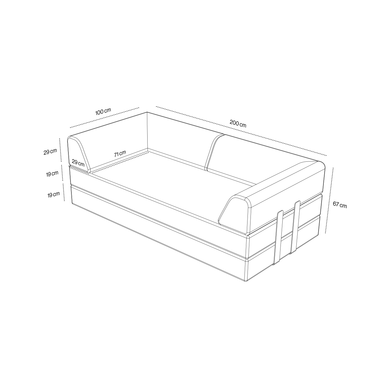 2-Sitzer_geschlossen_2 Eine schwarz-weiße Strichzeichnung des Levi Modulares 2-Sitzer Sofa mit Schlaffunktion 01, die die beschrifteten Maße zeigt: 200 cm Länge, 100 cm Breite, 67 cm Höhe, Rückenlehnen-/Armlehnenhöhe 29 cm, Sitzbreite 71 cm, Sitzhöhe 19 cm.