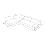 Strichzeichnung des Levi Modulares 4-Sitzer Ecksofa mit Schlaffunktion 04, L-förmig mit beschrifteten Maßen: 190 cm breit, 430 cm lang, 67 cm hoch; Sitztiefen: 100/300 cm. Mit Ablagetaschen an einer Armlehne und praktischer Schlaffunktion.
