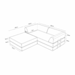 Strichzeichnung des Levi Modulares 3-Sitzer Ecksofa mit Schlaffunktion 02 mit folgenden Maßen: Hauptsitz 200 x 100 cm, Ottomane 100 x 49 cm, Armlehnen 28 cm hoch, Sitzhöhe 38 cm und Sitztiefe 77 cm - alle Maße sind beschriftet.