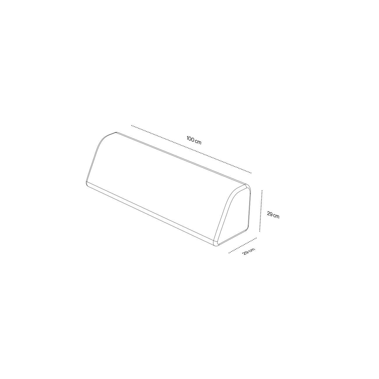 I-Rueckenlehne_2 Isometrische Strichzeichnung der Levi Gerade Rückenlehne, ein trapezförmiges Prisma mit gerader Rückenlehne und abgerundeten Oberkanten, mit den Maßen 100 cm (Länge) x 20 cm (Höhe) x 30 cm (Breite), mit beschrifteten Maßlinien.