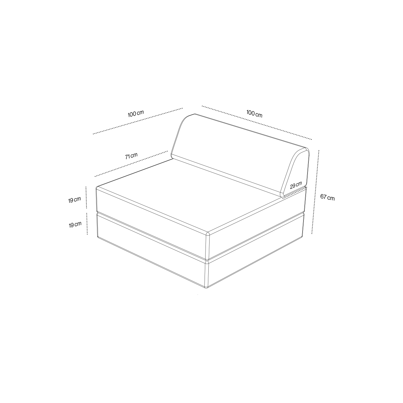 I-Sessel_2 Linienskizze des Levi Modularen Sessels mit Schlaffunktion 01 mit Maßen: 100 cm Breite, 100 cm Tiefe, 67 cm Höhe am Kopfteil, 19 cm Matratzenstärke, 19 cm Sockelhöhe und 71 cm Liegefläche. Ideal für Schlaffunktion.