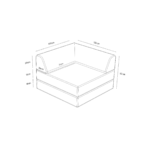 Strichzeichnung des Levi Modularer Sessel mit Schlaffunktion 02: quadratische kastenförmige Sitzfläche, 100x100x67 cm, Rückenlehne 29 cm, Armlehnen 26 cm, Sitzinnenfläche 71 cm breit, Sitzhöhe 19 cm. Optional mit Schlaffunktion.