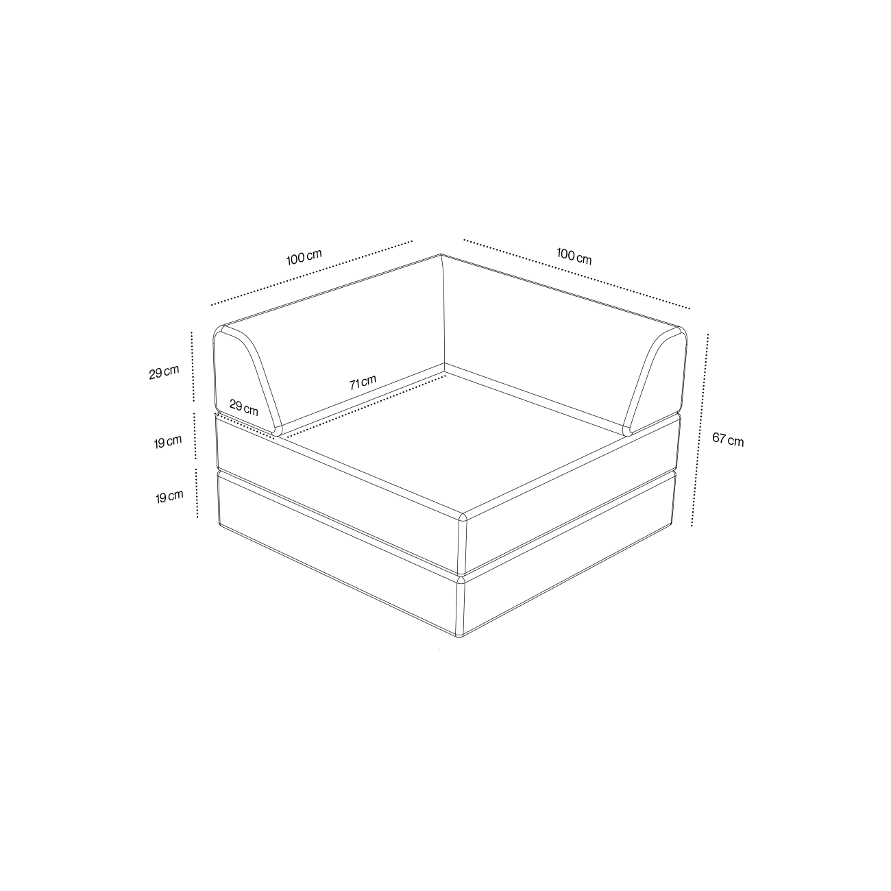 L-Sessel_3 Strichzeichnung des Levi Modularer Sessel mit Schlaffunktion 02: quadratische kastenförmige Sitzfläche, 100x100x67 cm, Rückenlehne 29 cm, Armlehnen 26 cm, Sitzinnenfläche 71 cm breit, Sitzhöhe 19 cm. Optional mit Schlaffunktion.