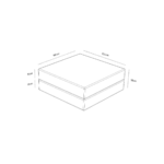 Eine Strichzeichnung des Levi Modulares Sitzelement mit Schlaffunktion: ein rechteckiger Kasten (100 x 100 x 38 cm), der horizontal in zwei gleich große Abschnitte von 19 cm unterteilt ist, was seine Schlaffunktion veranschaulicht.