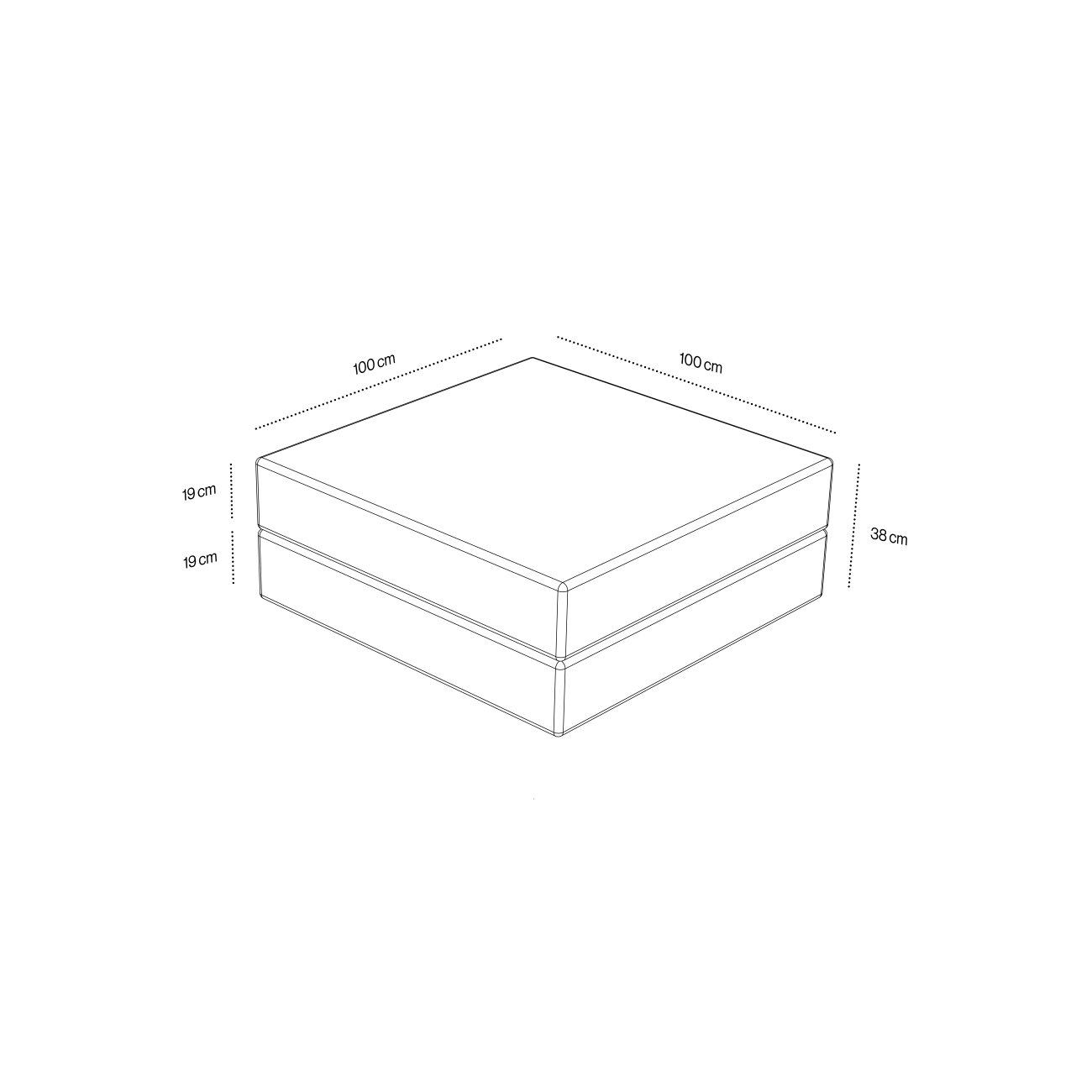 Ottoman_2 Eine Strichzeichnung des Levi Modulares Sitzelement mit Schlaffunktion: ein rechteckiger Kasten (100 x 100 x 38 cm), der horizontal in zwei gleich große Abschnitte von 19 cm unterteilt ist, was seine Schlaffunktion veranschaulicht.