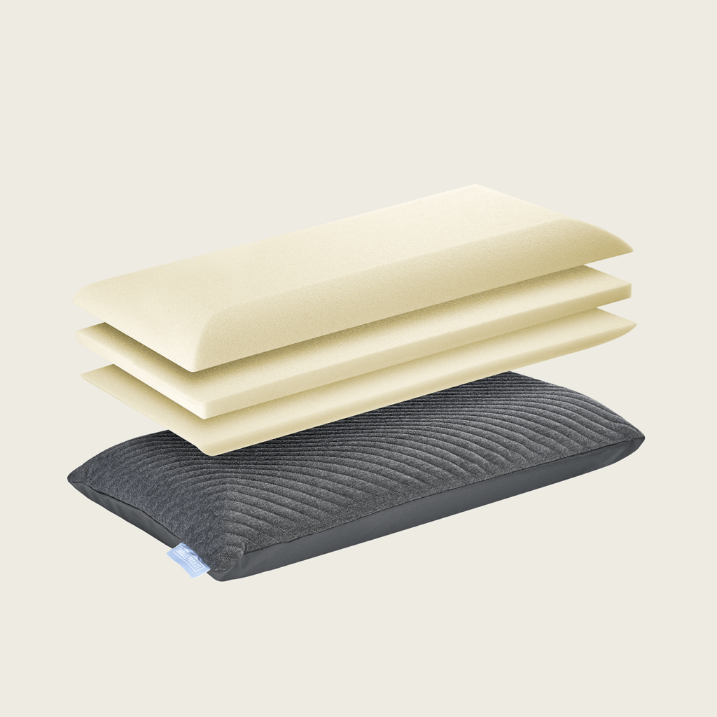 Ein dunkelgraues Kissen mit einem strukturierten Bezug ist unter drei übereinanderliegenden Schichten cremefarbenen Schaumstoffs abgebildet, wodurch die innere Schichtstruktur des Kissens auf hellem Hintergrund veranschaulicht wird.