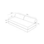 Strichzeichnung des Levi Modulares 2-Sitzer Sofa mit Schlaffunktion 03 mit beschrifteten Maßen: 200 cm Breite, 100 cm Tiefe, 67 cm Höhe; Sitztiefe 77 cm; Rückenlehne 30 cm hoch; Sitzhöhe 19 cm; Stauraumhöhe 18 cm.