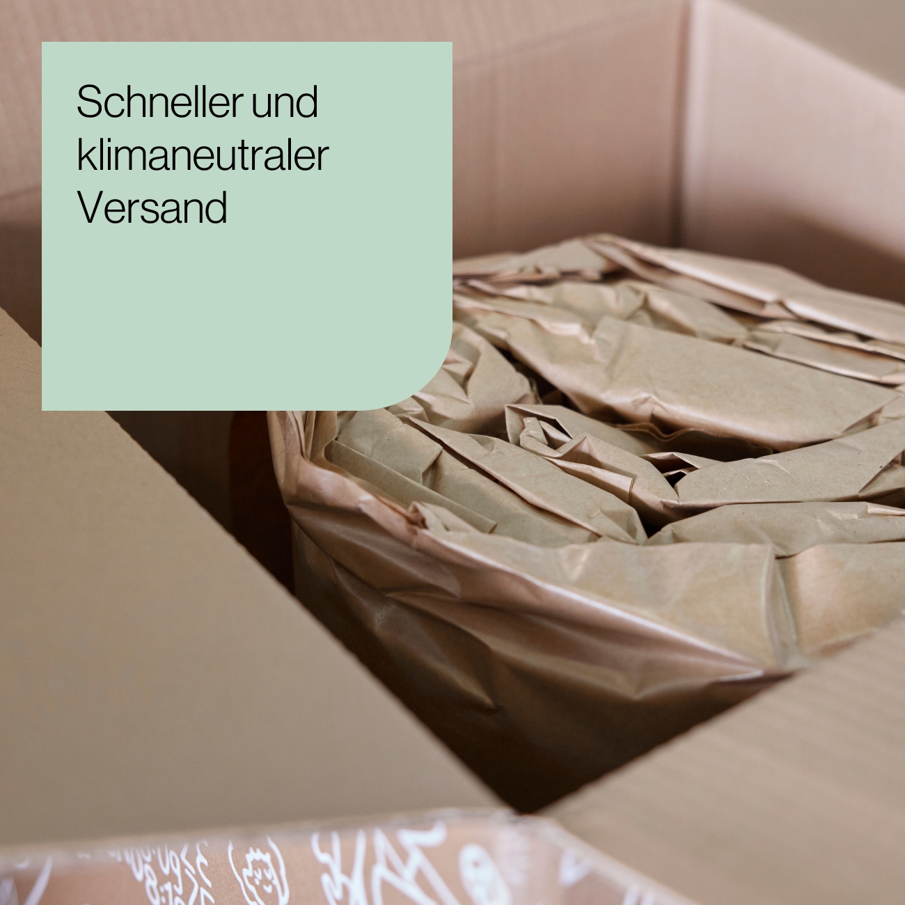 Levi_Produkt-Mood_04 Ein mit zerknülltem braunem Packpapier gefüllter Karton. Der Text auf grünem Hintergrund oben links lautet: Schneller und klimaneutraler Versand (Schneller und klimaneutraler Versand).