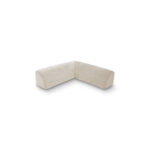 Eine minimalistische, L-förmige, beigefarbene Polsterbank mit weichen Kanten aus Travertineweiß Soft-Canvas, mit einer subtilen Levi Eck-Rückenlehne, positioniert vor einem weißen Hintergrund.