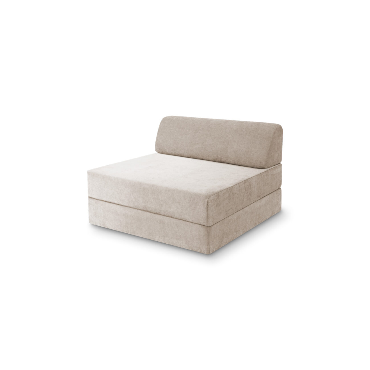 Ein moderner, hellbeiger Modularer Sessel, gepolstert mit Soft-Canvas, mit rechteckigem Sitz und niedriger Rückenlehne, isoliert auf weißem Hintergrund.