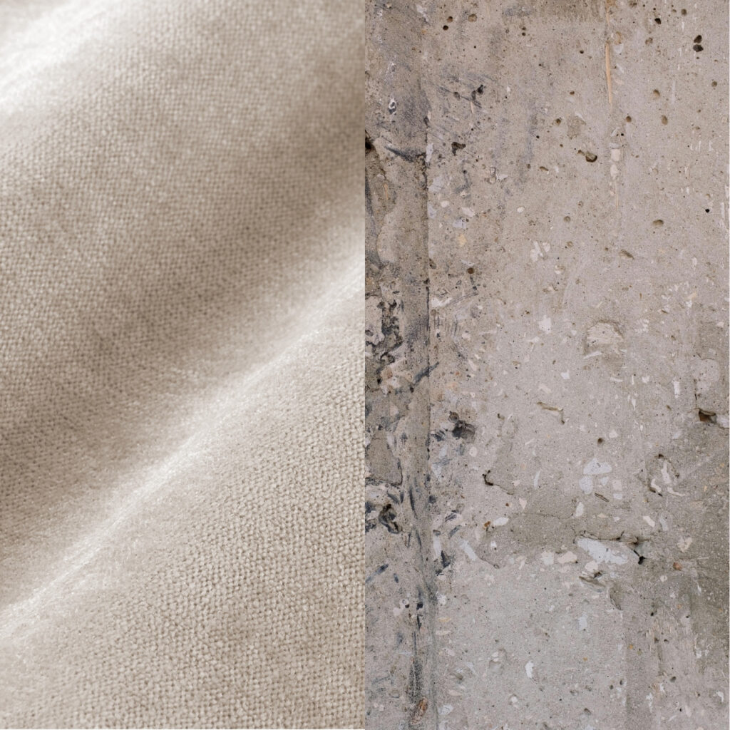 Ein geteiltes Bild: Die linke Seite zeigt eine Nahaufnahme des weichen, beigen Stoffes aus dem Levi Modularer Sessel mit sanften Falten, während die rechte Seite eine raue, graue Betonoberfläche mit sichtbarer Textur und kleinen Steinen zeigt.