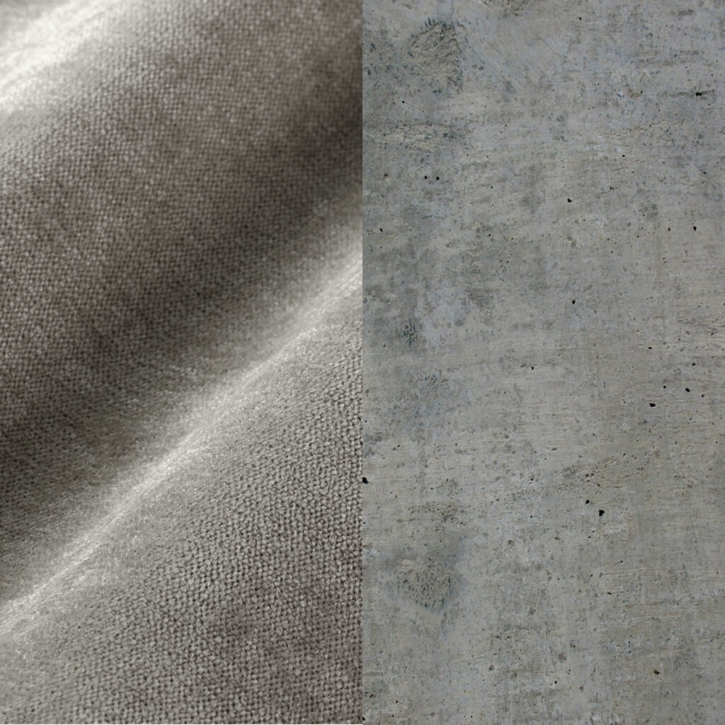 Ein geteiltes Bild, das auf der linken Seite ein strukturiertes graues Gewebe mit sichtbarer Bindung zeigt, das auf den modularen Sessel Levi mit Schlaffunktion hindeutet, und auf der rechten Seite eine raue, gesprenkelte Betonoberfläche.