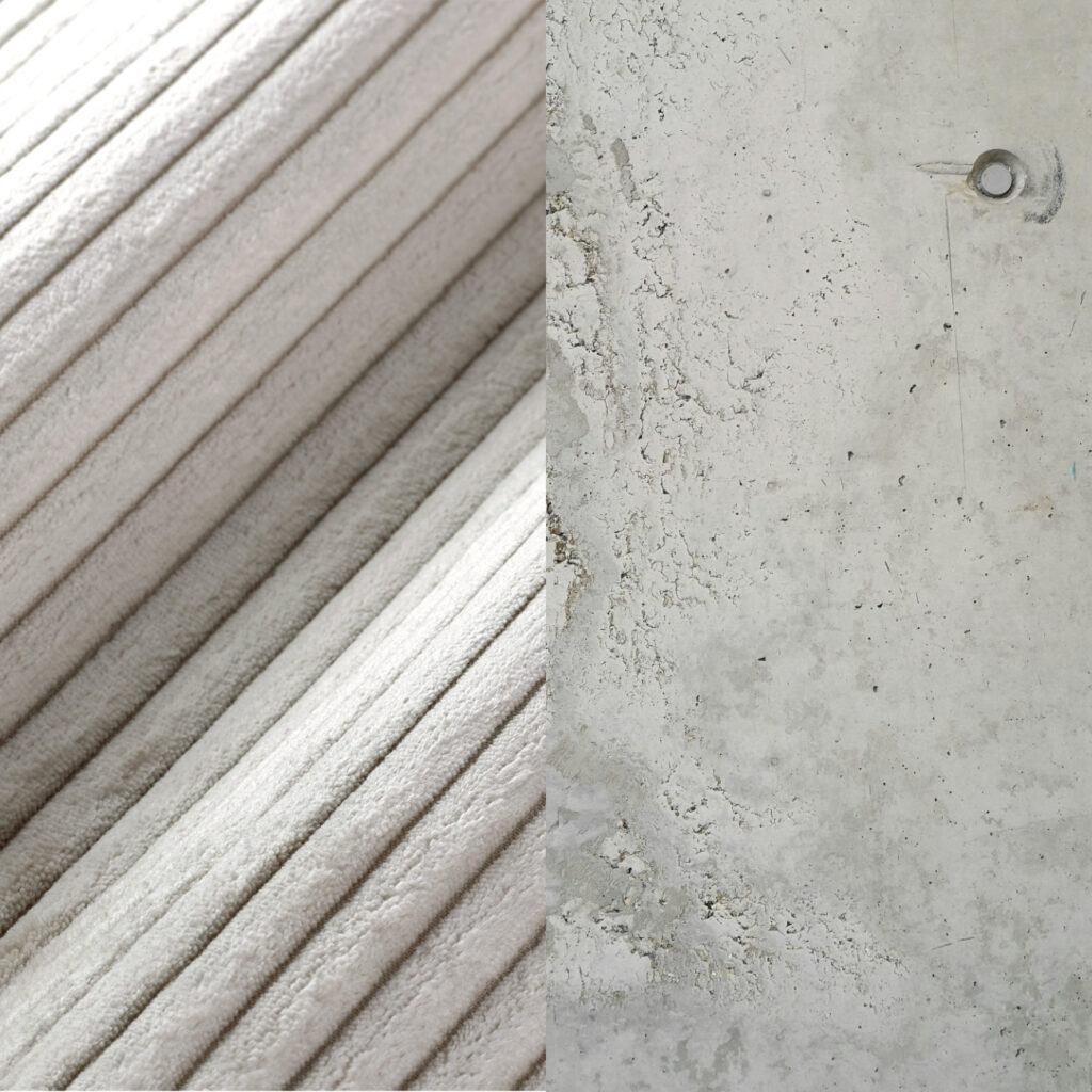 Eine Nahaufnahme des weichen, geriffelten beigen Stoffs aus dem Levi Modularer Sessel auf der linken Seite und des rauen, strukturierten grauen Betons mit einer kreisförmigen Markierung auf der rechten Seite.