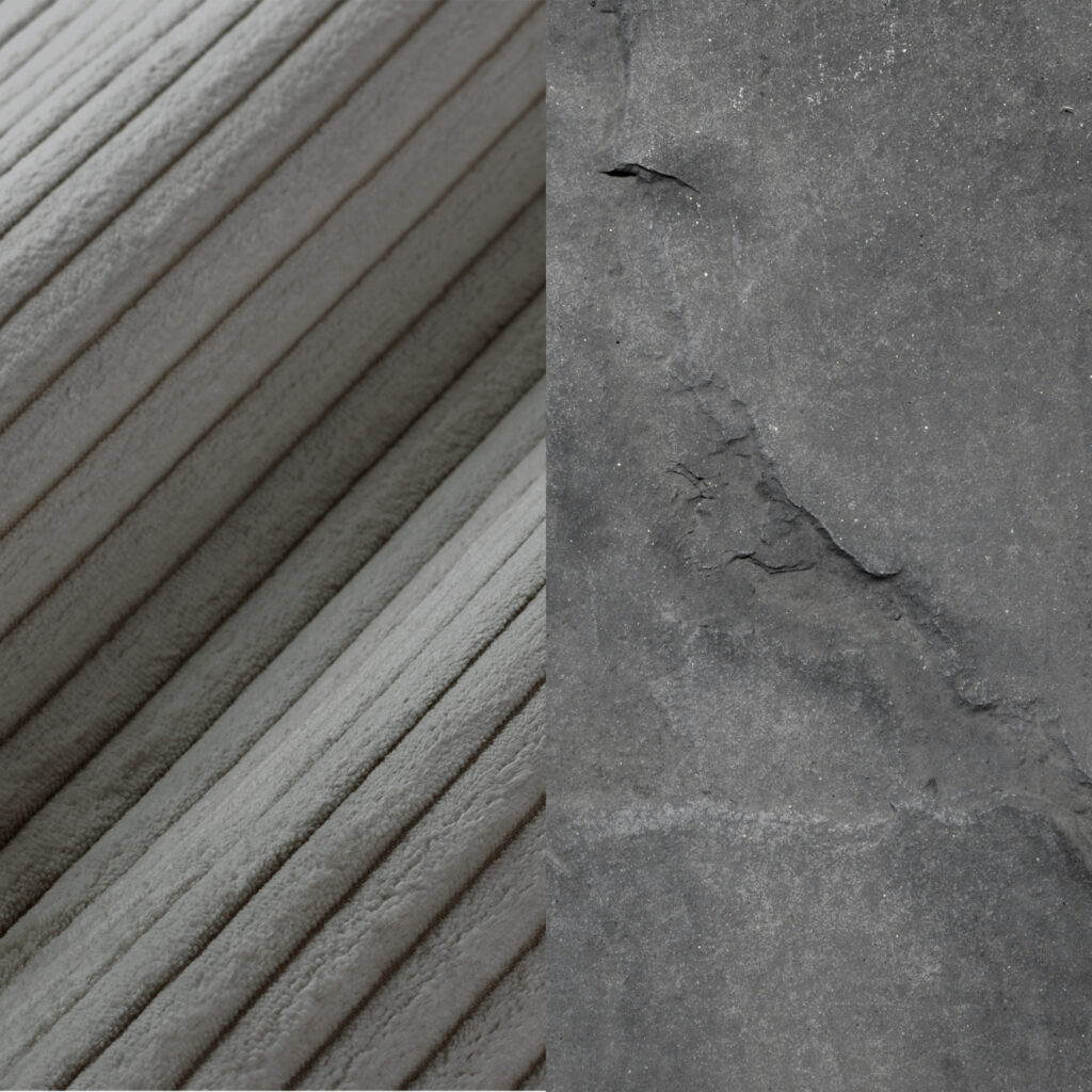 Geteiltes Bild: Die linke Seite zeigt parallele, diagonale Rillen in hellgrauem Material - möglicherweise Stoff von einem Levi Modularer Sessel. Die rechte Seite zeigt rauen, ungleichmäßigen dunkelgrauen Stein mit natürlichen Rissen und Textur.