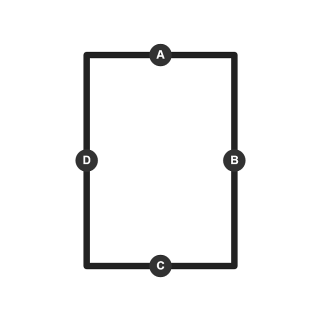 Ein einfaches Rechteck mit vier Ecken, die mit A (oben), B (rechts), C (unten) und D (links) bezeichnet sind. Schwarze Linien verbinden die Punkte und bilden das Rechteck. Der Hintergrund ist weiß.
