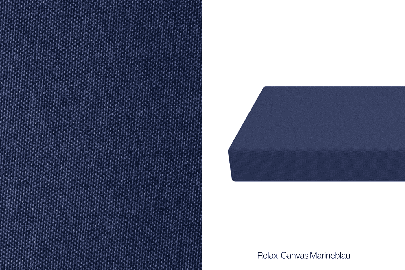 Nahaufnahme eines dunkelblauen, gewebten Stoffs auf der linken Seite und eines dunkelblauen, rechteckigen Kissens oder einer Matratze auf der rechten Seite; in der rechten unteren Ecke ist Relax-Canvas Marineblau beschriftet.