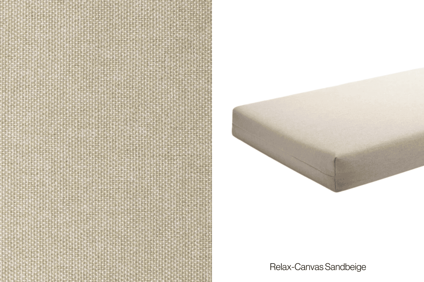 Nahaufnahme eines beigen Canvas-Stoffes auf der linken Seite; auf der rechten Seite ein rechteckiges Kissen, das mit demselben Stoff bezogen ist. Der Text unten rechts lautet "Relax-Canvas Sandbeige".