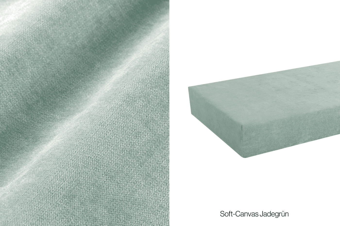 Nahaufnahme eines weichen, strukturierten, hellgrünen Stoffes auf der linken Seite; auf der rechten Seite bedeckt ein passendes Spannbetttuch eine Matratze vor einem weißen Hintergrund. Der Text lautet: Soft-Canvas Jadegrün.
