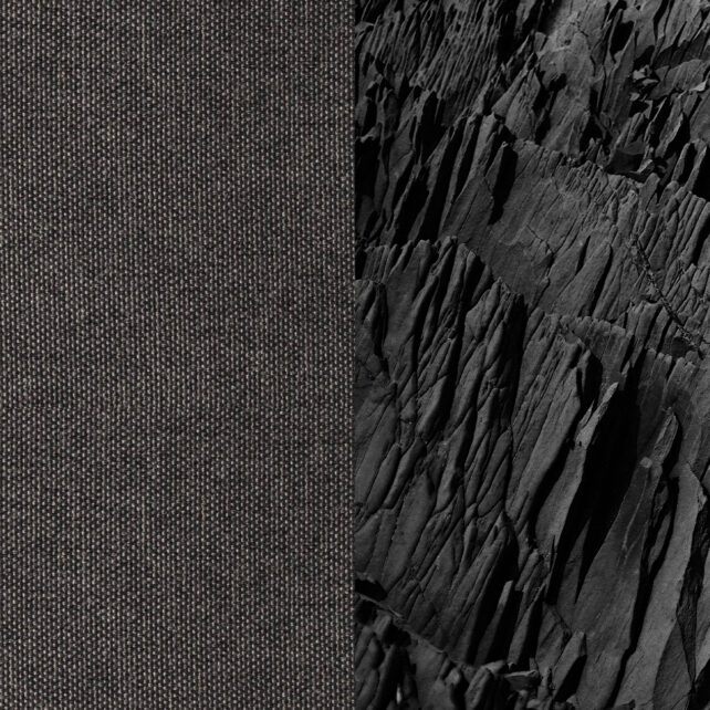 Das Bild ist vertikal geteilt; die linke Seite zeigt eine Nahaufnahme des strukturierten grauen Gewebes, während die rechte Seite zerklüftete, dunkle Felsformationen mit tiefen Rissen und scharfen Kanten zeigt.