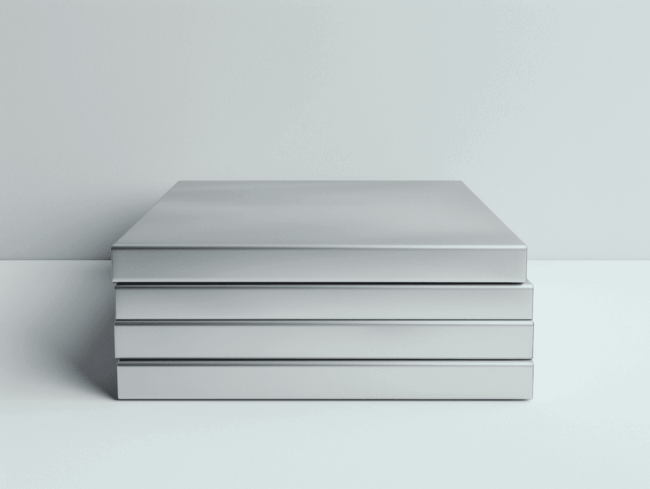 Ein minimalistisches Bild, das einen Stapel von drei dünnen, quadratischen, silbernen Aluminiumschachteln mit glatter Oberfläche vor einem schlichten hellgrauen Hintergrund zeigt.