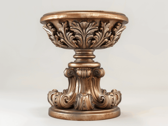 Dekorativer Bronzesockel mit kunstvollen, klassischen Blatt- und Schneckenmustern, die ein kompliziertes, symmetrisches Bronzemuster auf einem glatten, hellen Hintergrund aufweisen.