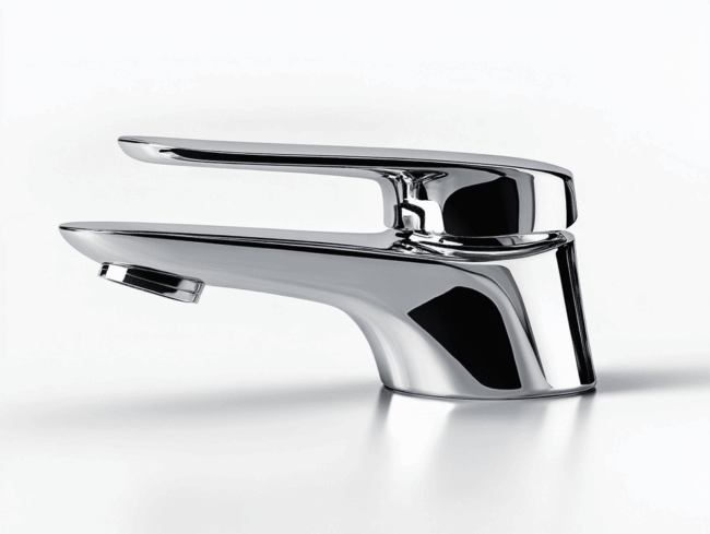 Eine moderne, chromglänzende Badezimmerarmatur mit einem Einhebelgriff, fotografiert vor einem schlichten weißen Hintergrund.